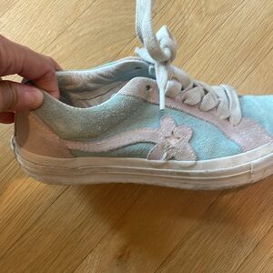 Converse Golf le Fleur pink and blue sneakers with flower by Tyler the Creator